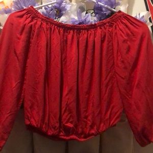 Brandy Mellive off the shoulder red crop top